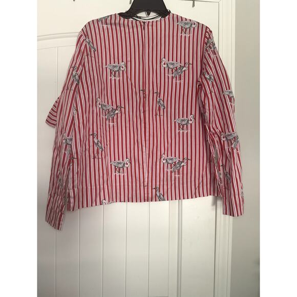 Red Vertical Striped w/Heron Bird Print Bow by Zara Womens Long Sleeve Blouse L - Picture 10 of 13